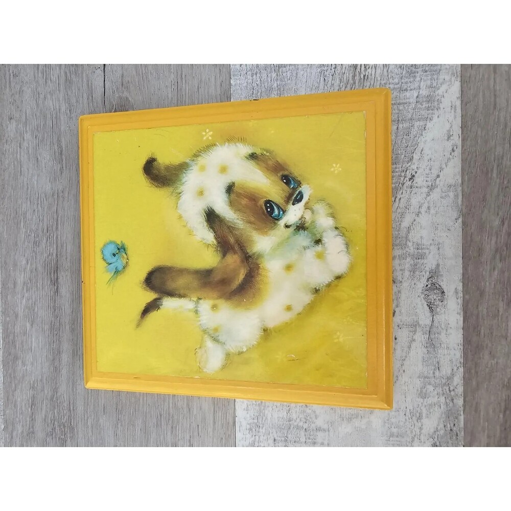 Vintage Puppy Art Print Big Eye Animal Bird Yellow Retro 6x6" Wall Hanging Tile
